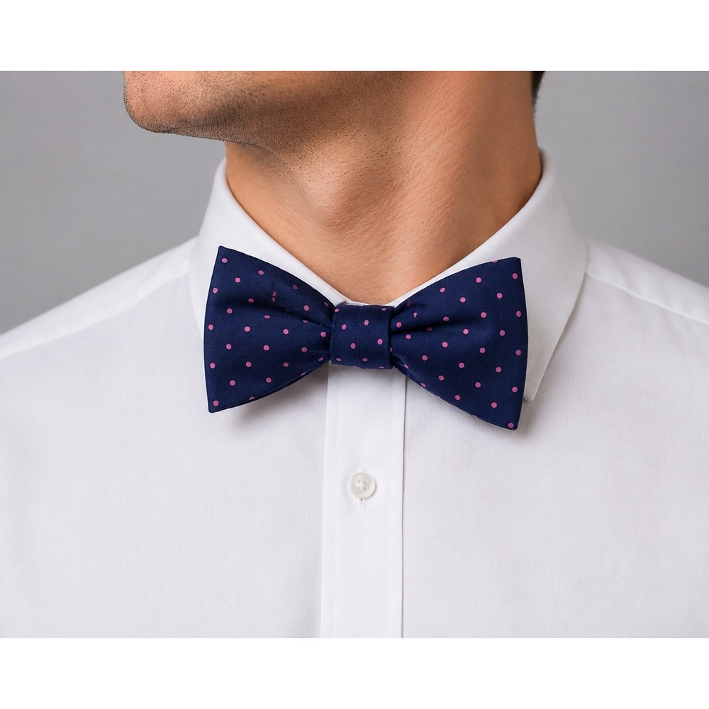 Beau Ties Ltd Navy Blue Pink Polka Dot 100% Silk Self Tie Bow Tie Made in USA